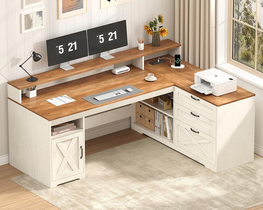 61" Farmhouse L Shaped Desk with Drawers ＆ Storage Shelves for Home Office