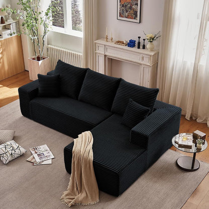 96" Boneless Couch for Living Room, Corduroy Cloud Sectional Sofa with L-Shape Chaise, Modular Memory Foam Couch with Deep Seat, No Assembly Required (Black,Right-Facing Chaise)