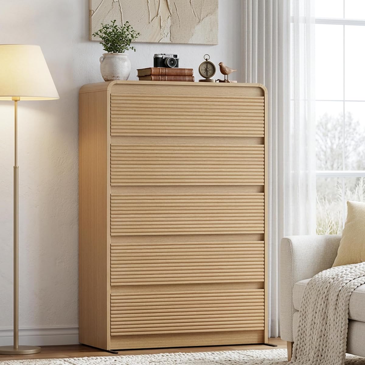 Oak Fluted Drawer Dresser with Curved Profile and Anti-Tip Kit