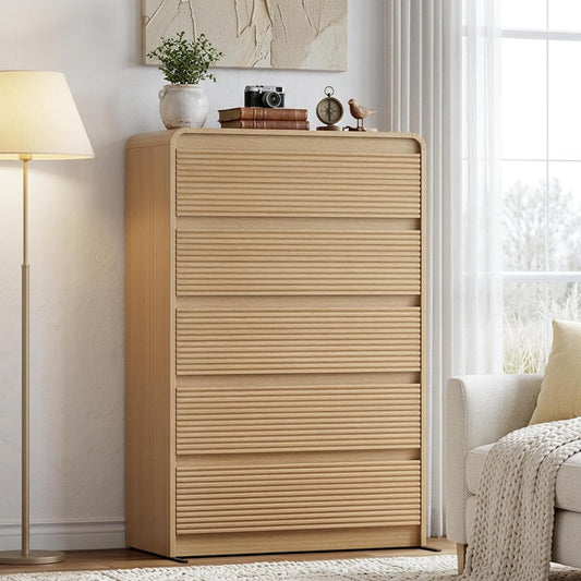 Oak Fluted Drawer Dresser with Curved Profile and Anti-Tip Kit