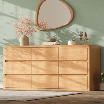 Modern 63" Wide 9 Drawers Dresser with Curved Profile Design, Oak