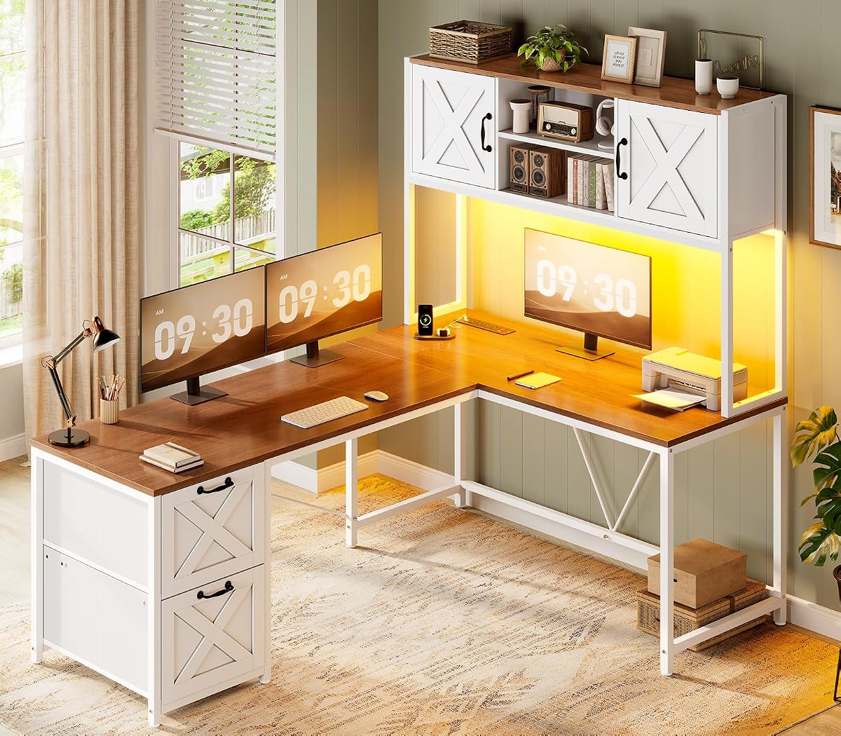 Reversible Farmhouse L Shaped Computer Desk with Drawers, Hutch