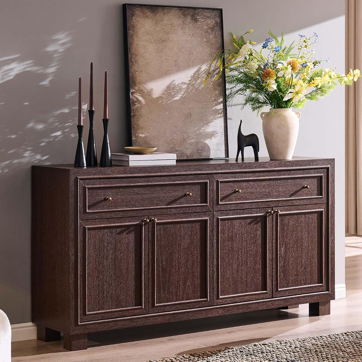 63" Modern Farmhouse Buffet Cabinet with Storage, Natural Walnut