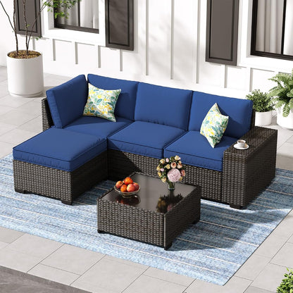 5-Piece Patio Furniture Set, All-Weather Outdoor Wicker Sectional Sofa with Cushions, Tempered Glass Table & Ottoman,Rattan Conversation Seating for Porch, Garden, Backyard,Navy
