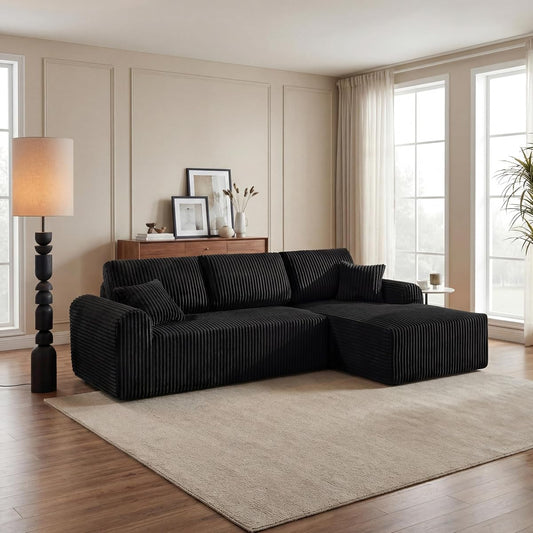 109-Inch L-Shaped Right Facing Boneless Corner Sofa 2 PCS Modular Sectional Cloud Sofa Couch with Chaise Lounge and Toss Pillow, Corduroy Boneless L-Shaped Couches