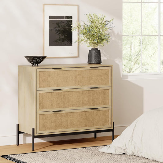 Nathan James Andrew 3-Drawer Rattan Dresser or Boheminan Living Room Storage