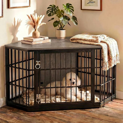 52 Inch Dog Crate Furniture Corner for Large Dogs, Grey