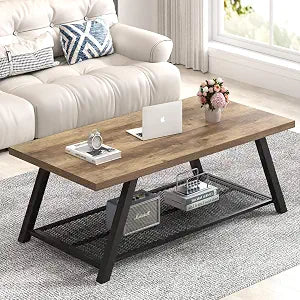 Coffee Table with Storage, Modern Rustic Wood and Metal Coffee Tables for Living Room, Industrial 2-Tier Center Tea Cocktail Table, Oak, 47 Inch