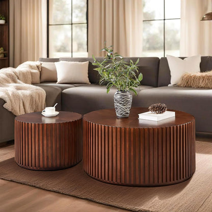 Round Wood Coffee Table Set of 2, Handcraft Drum Side Table End Table for Living Room, Modern Circle Wooden Coffee Table Set for Small Space, No Need Assembly(Espresso,31x31x16 in)