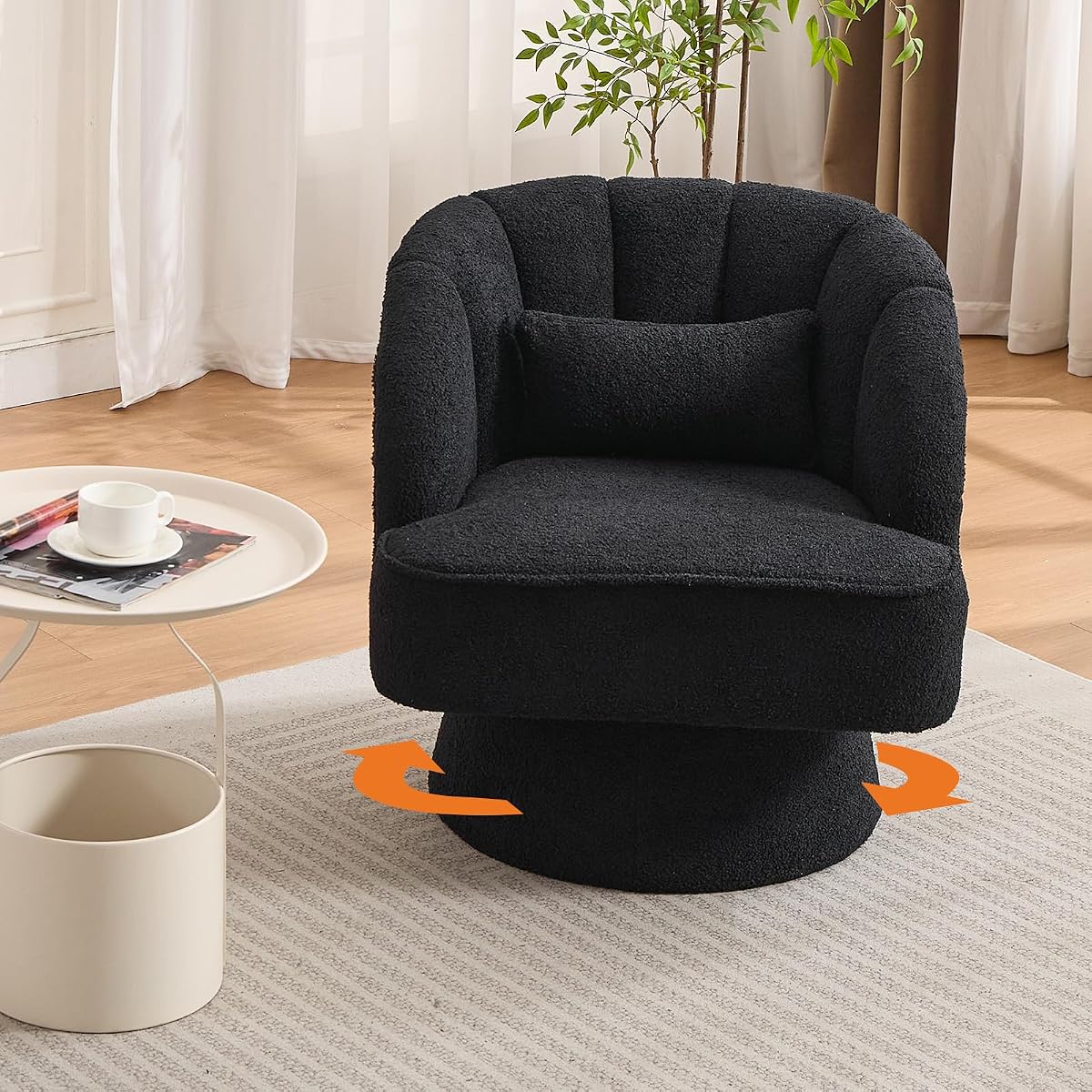 Modern Swivel Teddy Fabric Armchair with Striped Backrest and Plush Padding in Black