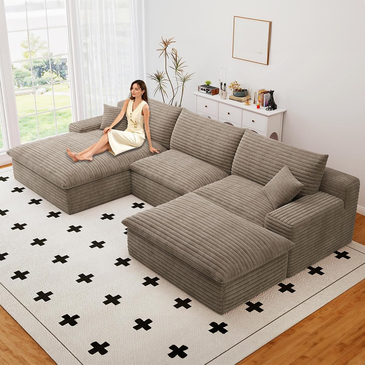 107" Cloud Couch Modular Sectional Sofa for Living Room,U-Shape Boneless Sectional Couch with Deep Seat,Modern Corduroy 3-Seater with Ottoman,Couch in a Box No Assembly(Camel,Left-Facing Chaise)