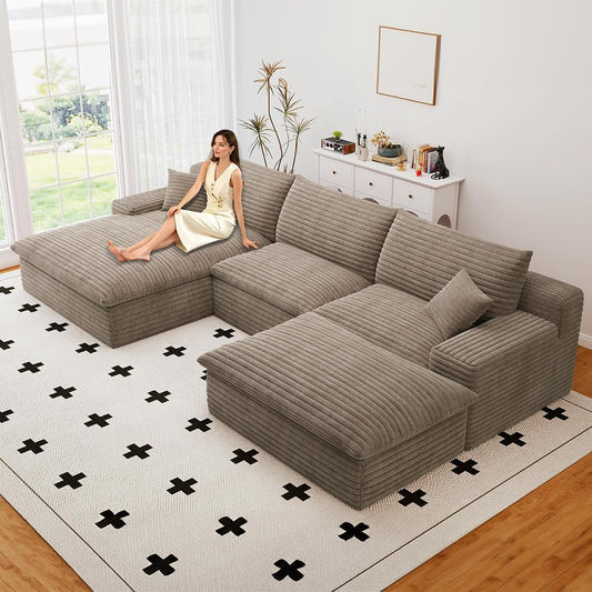 107" Cloud Couch Modular Sectional Sofa for Living Room,U-Shape Boneless Sectional Couch with Deep Seat,Modern Corduroy 3-Seater with Ottoman,Couch in a Box No Assembly(Camel,Left-Facing Chaise)