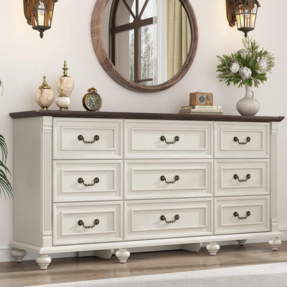 Farmhouse 9 Drawer Dresser for Bedroom with 6 Gourd Feet and Roman Column Decor