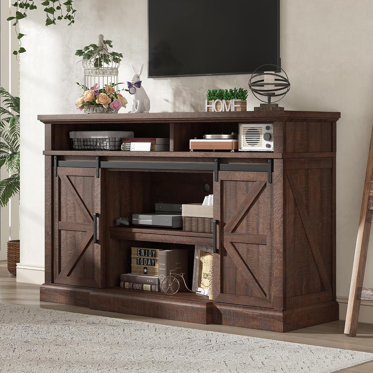 66" W Farmhouse TV Stand, Entertainment Center with Storage, Brown