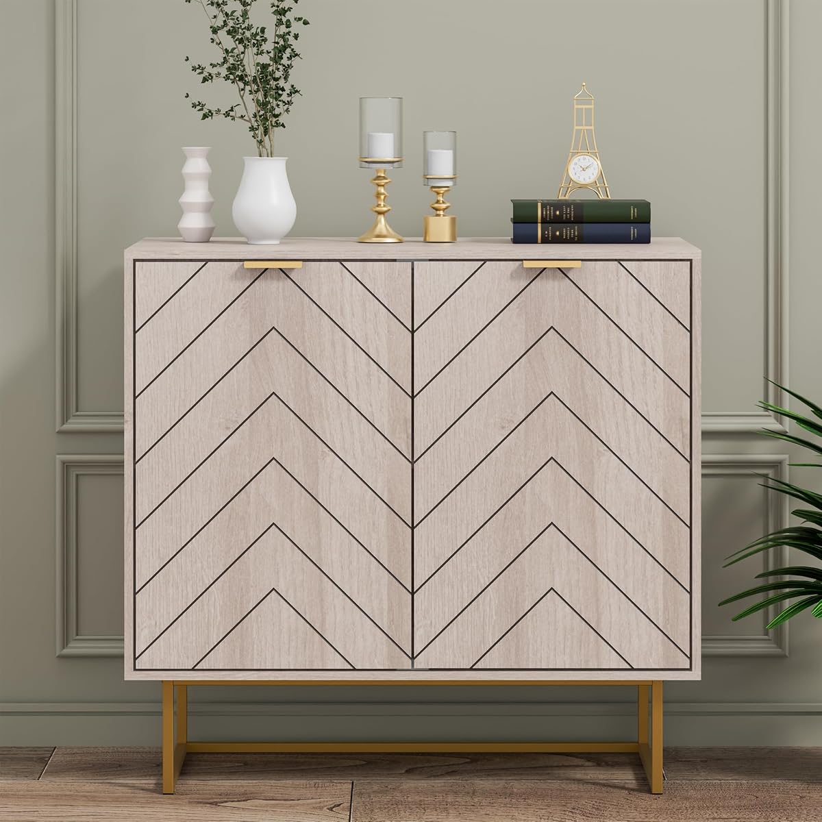 31.5" Natural Sideboard Buffet Cabinet, Cabinet with Doors & Adjustable Shelf for Living Room & Kitchen, Log Color