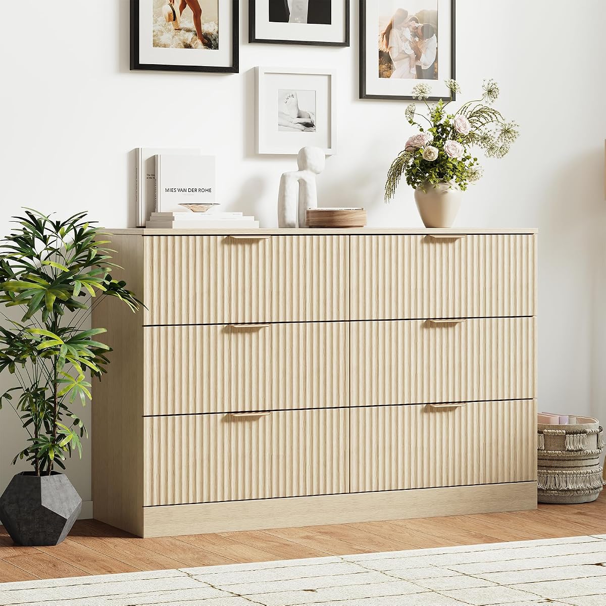 Modern Fluted 6 Drawer Dresser, Wide Wooden Storage Cabinet with Metal Handles