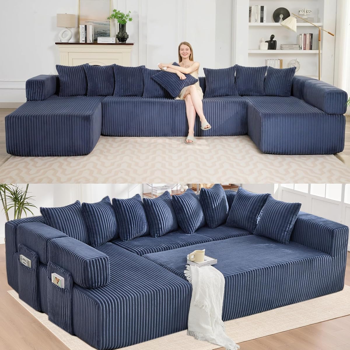 Oversized Cloud Boneless Couch with Chaise, 146" Modern U Shape Modular Deep Seat Sectional Sofa, Comfy Corduroy Upholstered Couches for Living Room, No Assembly Required-Blue