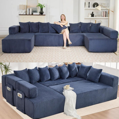 Oversized Cloud Boneless Couch with Chaise, 146" Modern U Shape Modular Deep Seat Sectional Sofa, Comfy Corduroy Upholstered Couches for Living Room, No Assembly Required-Blue