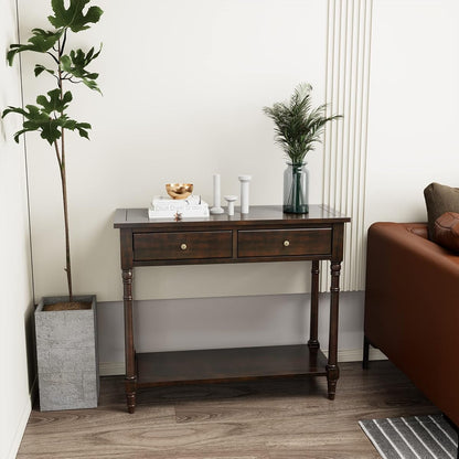 Solid Wood Console Table with 2 Drawers, 2-Tier 35.4" X 30" Accent Sofa Table with Multilayer Storage Shelf Rustic Hall Entryway Tables for Living Room Home Office-Walnut 004DC