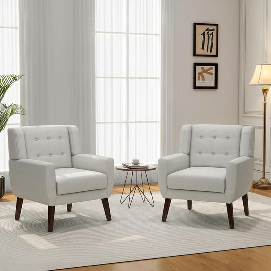 Mid-Century Modern Linen Blend Accent Chair, Beige, Set of 2
