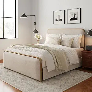Metal Platform Bed King Size with Curved Upholstered Headboard and Footboard, view 2