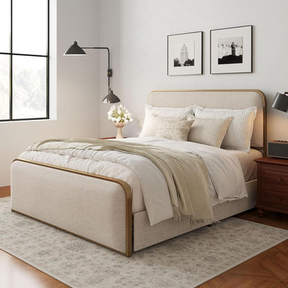 Metal Platform Bed King Size with Curved Upholstered Headboard and Footboard