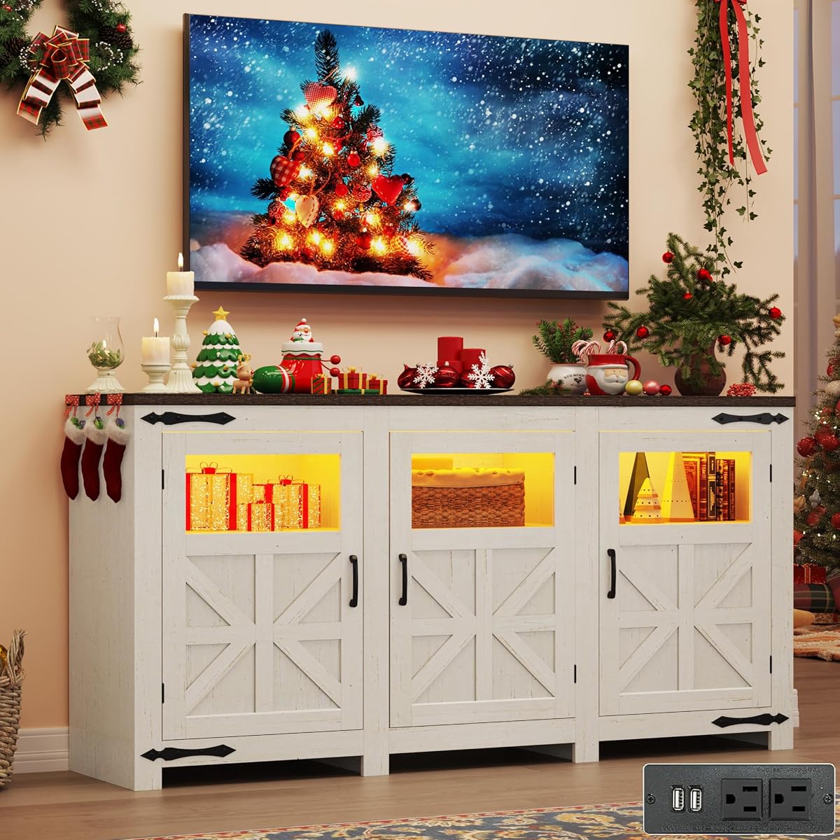 64" Large LED Farmhouse TV Stand for 70/65/60 Inch TVs with Power Outlets