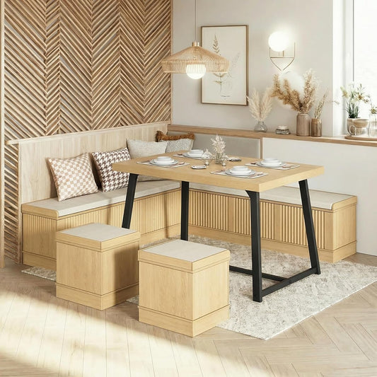 Corner Dining Table Set, 43 Inch Breakfast Nook Table Set with Bench with Hidden Storage & 2 Ottomans, 5-Piece Corner Bench Dining Table Set, Natural