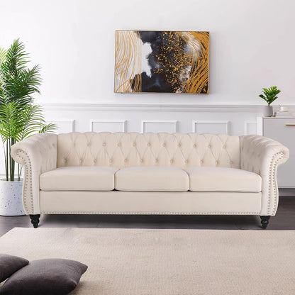 Velvet Chesterfield Sofa, Classic Tufted Upholstered Couch, Modern 3 Seater Couch Long Settee Furniture with Tufted Back for Living Room Office (Beige)