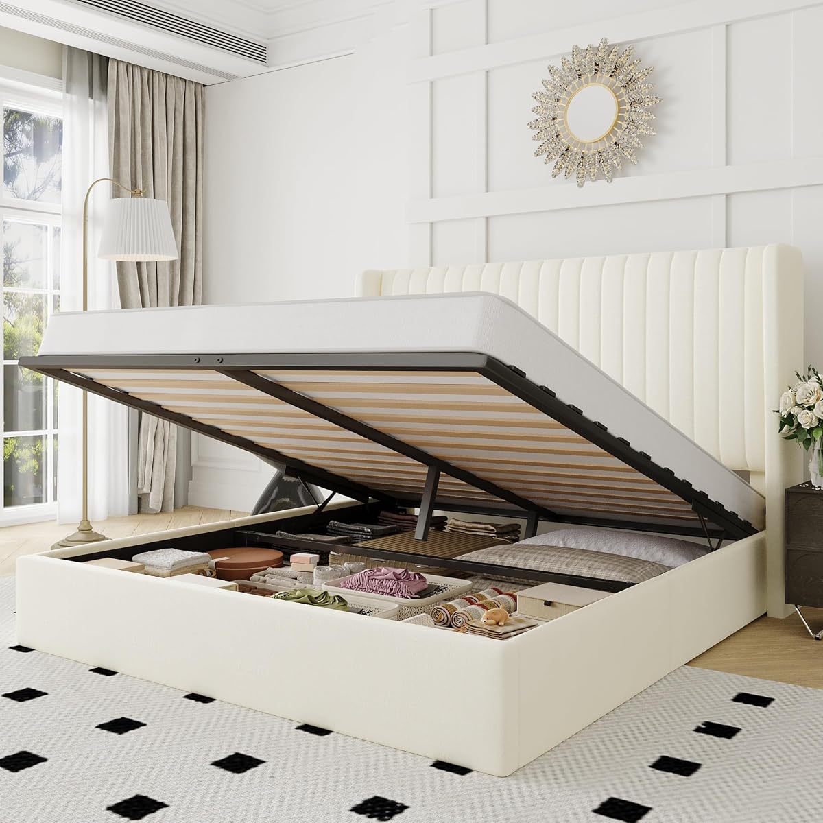 Queen Size Lift Up Storage Bed Frame Channel Tufted Headboard Cream