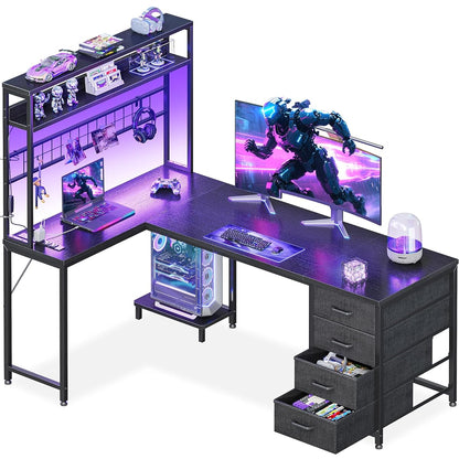 L Shaped Gaming Desk with 4 Drawers, 59" Reversible Computer Desk with Hutch and Shelves, Gamer Desk with LED Lights, Power Outlets, Home Office Corner Desk with Gird Pegboard, Black