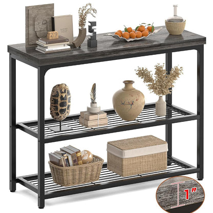 32" Small Console Table with 3-Tier Storage, Industrial Narrow Entryway Table, Sofa Table Behind Couch for Hallway, Foyer & Living Room, Sturdy Metal Frame, Oak Grey