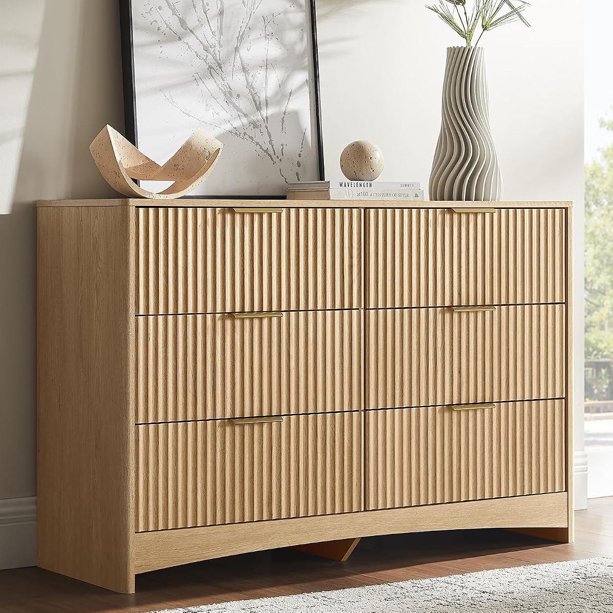 Amada Fluted 6 Drawer Dresser, Modern Wood Chest of Drawers, Natural Oak