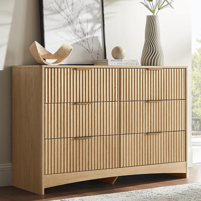 Amada Fluted 6 Drawer Dresser, Modern Wood Chest of Drawers, Natural Oak