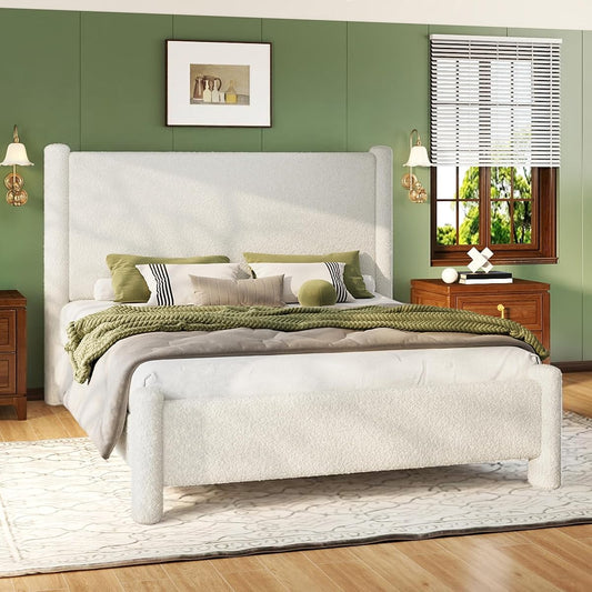 Boucle Cloud Upholstered Bed Frame with Cylinder Headboard