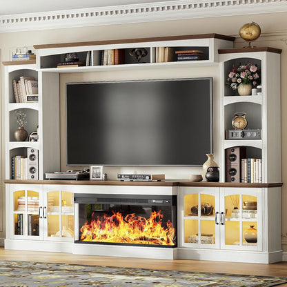 98" Farmhouse TV Stand with 36" Electric Fireplace, Bookshelves, Fits 75" TVs
