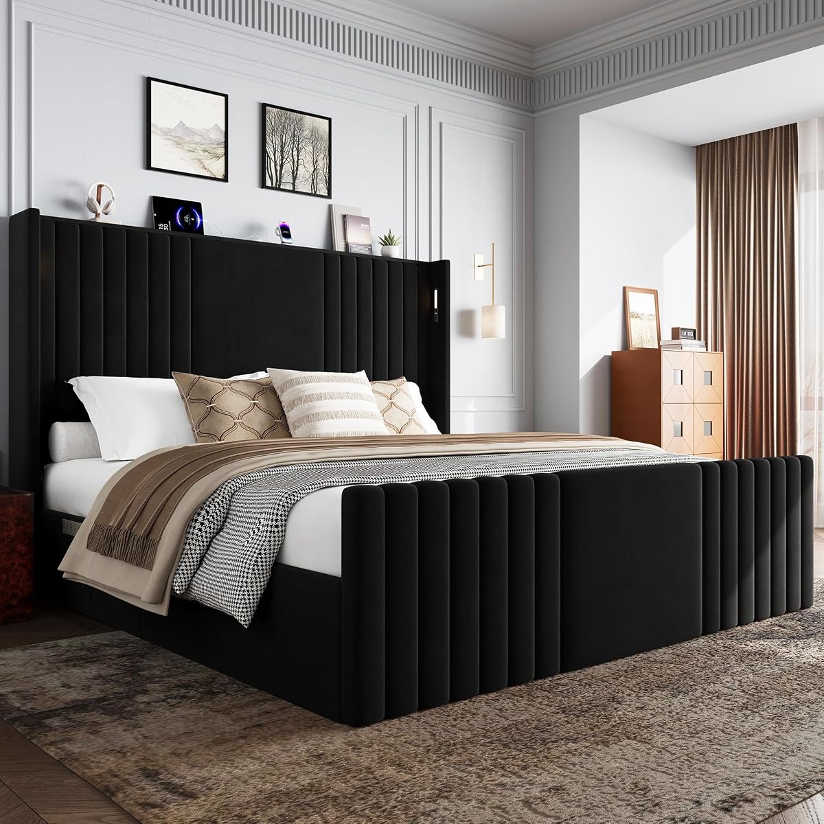 55" Tall King Size Platform Bed Frame with 2 Reading Lights, Black