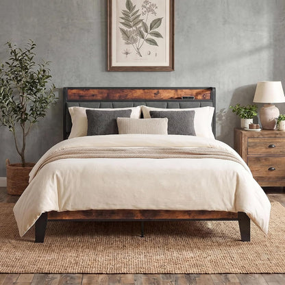 Queen Size Bed Frame with Storage Headboard and Charging Station