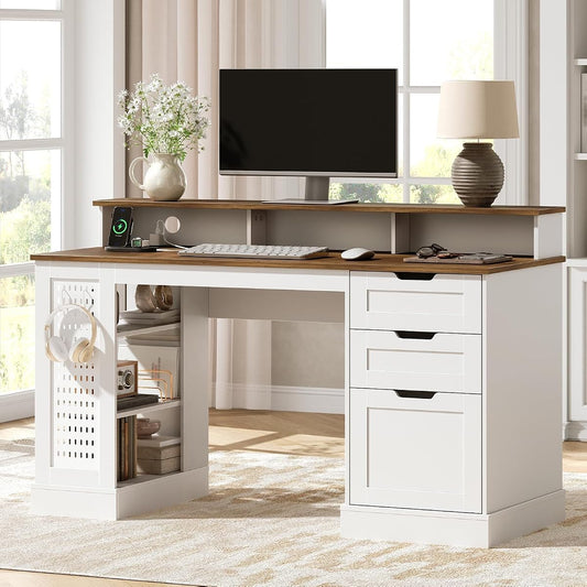 55-inch Farmhouse Executive Desk with 2 Drawers and File Cabinet