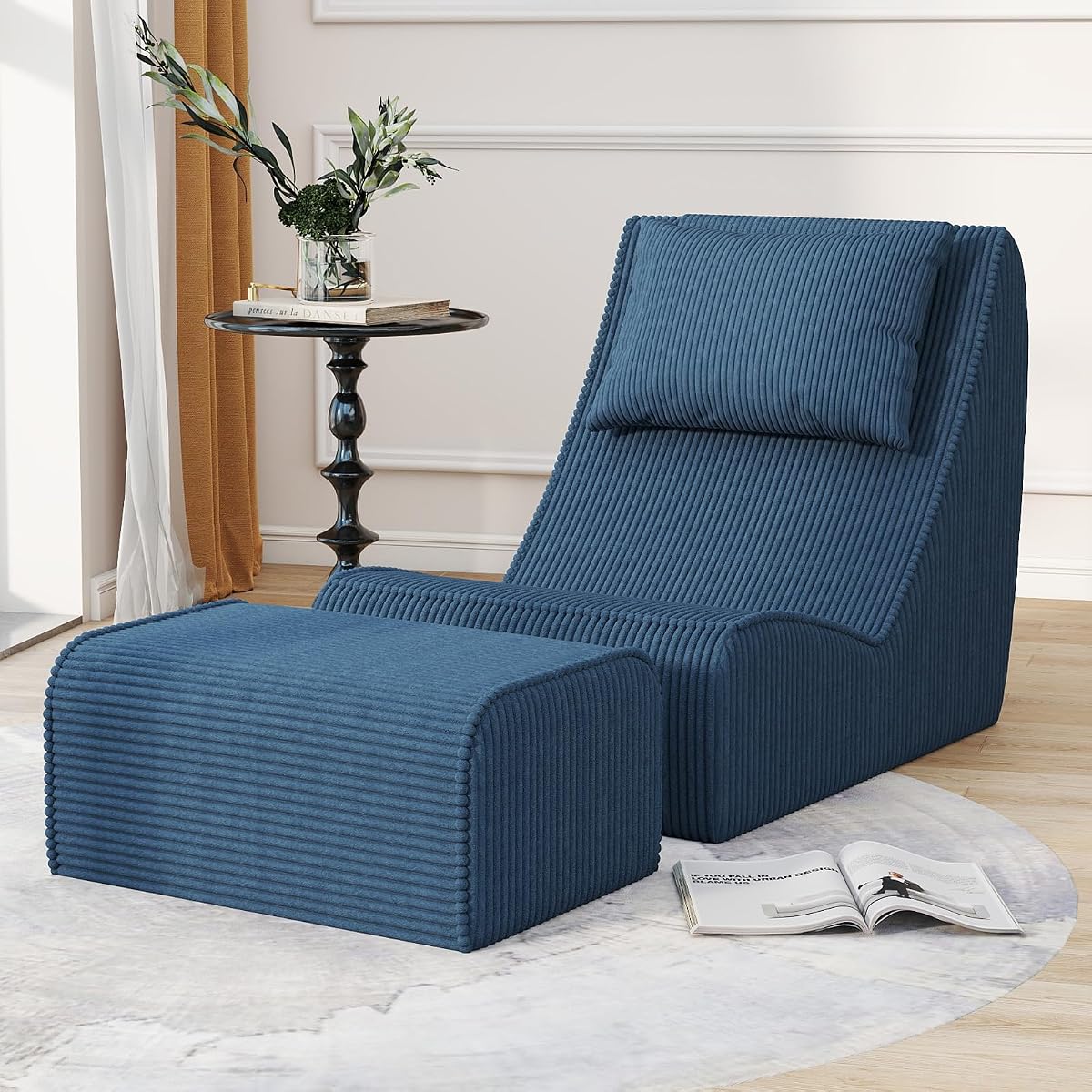 Chaise Lounge Chair with Ottoman,Giant Corduroy Bean Bag Chair for Adults