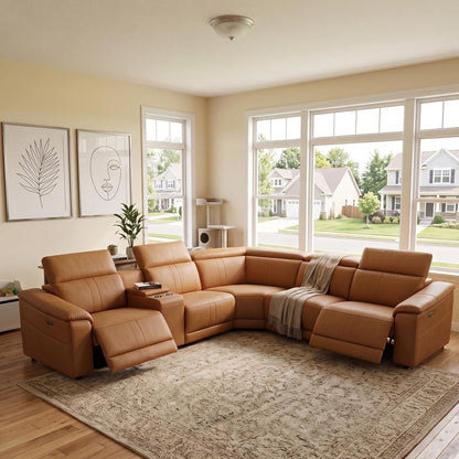 5 Seat Power Reclining Sectional Sofa, L-Shaped Air Leather Couch with Recliners, USB Charging Ports, Storage Console, Cup Holders, Light Brown Modular Living Room Sofa Set
