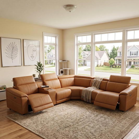 5 Seat Power Reclining Sectional Sofa, L-Shaped Air Leather Couch with Recliners, USB Charging Ports, Storage Console, Cup Holders, Light Brown Modular Living Room Sofa Set