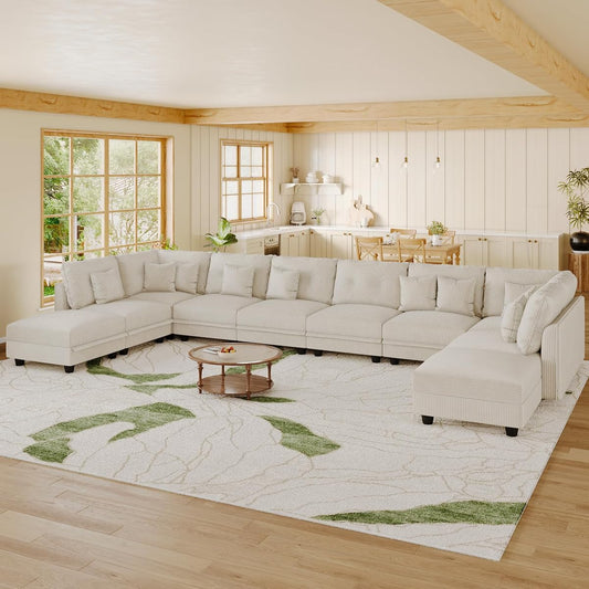 163" Modular Sectional Sofa with Storage, U Shaped 10-Seat Pet-Friendly Corduroy Couch with 10 Throw Pillows, Oversized Convertible Sofa Set for Living Room & Large Space, Beige