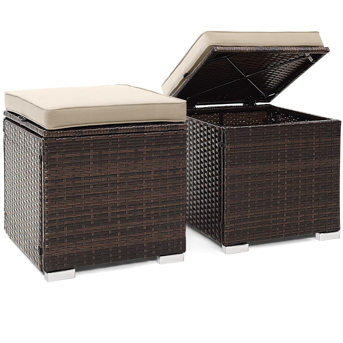 2 Pieces Patio Ottomans, Patiojoy Hand-Woven PE Rattan Side Table with Removable Cushion & Hidden Storage Space, Multifunctional Storage Box, Seat for Patio, Backyard, Poolside (Beige)