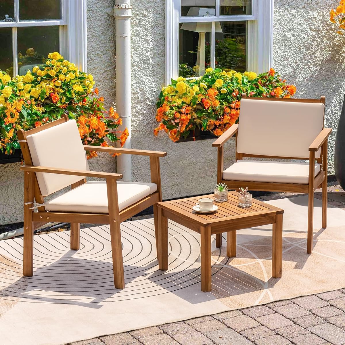 Outdoor Patio Furniture, 3 Piece Bistro Sofa Set with 1 Coffee Table and 2 Chairs, Acacia Wood Conversation Sets with Cushions, for Garden, Backyard, Poolside, White