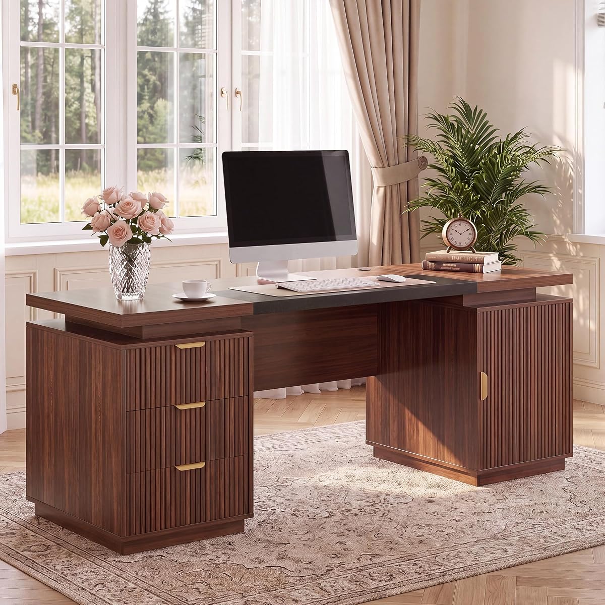 71" Office Desk with Storage, Fluted ExecutiveDesk with Drawers, Walnut