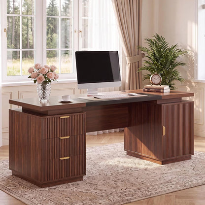 71" Office Desk with Storage, Fluted ExecutiveDesk with Drawers, Walnut