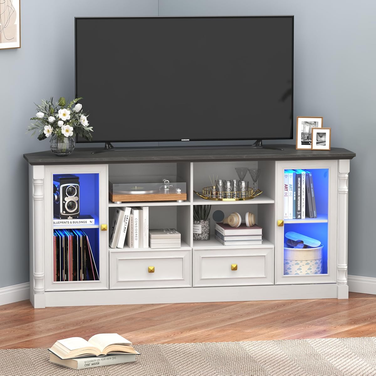 Corner TV Stand for 55 60 65 Inch TVs,Entertainment Center,White