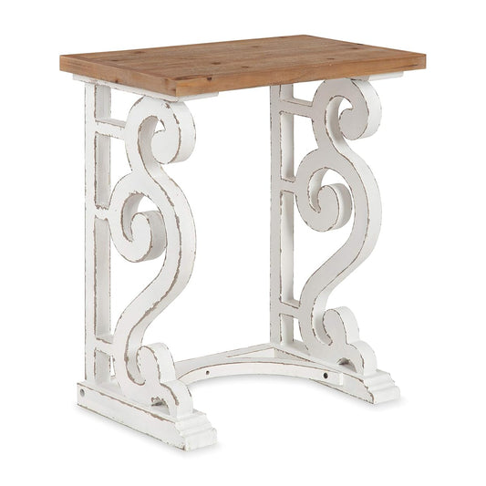 Wyldwood Rustic French Solid Wood Side Table, 24" x 14" x 12.75", White and Rustic Brown, Chic Farmhouse Inspiration, Natural Wood Top