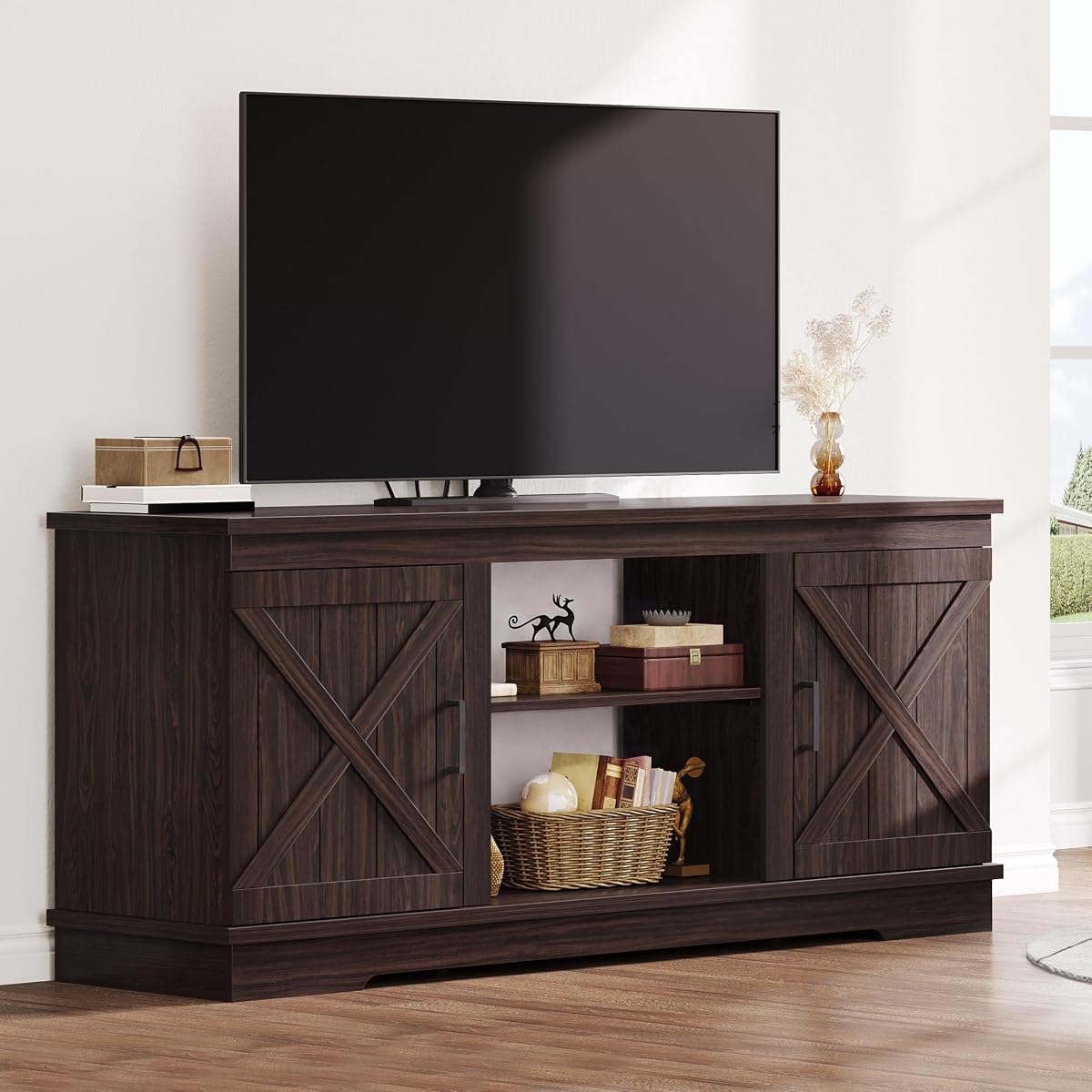 Espresso TV Stand, 2 Barn Doors & Open Shelves, Fits 65" TVs